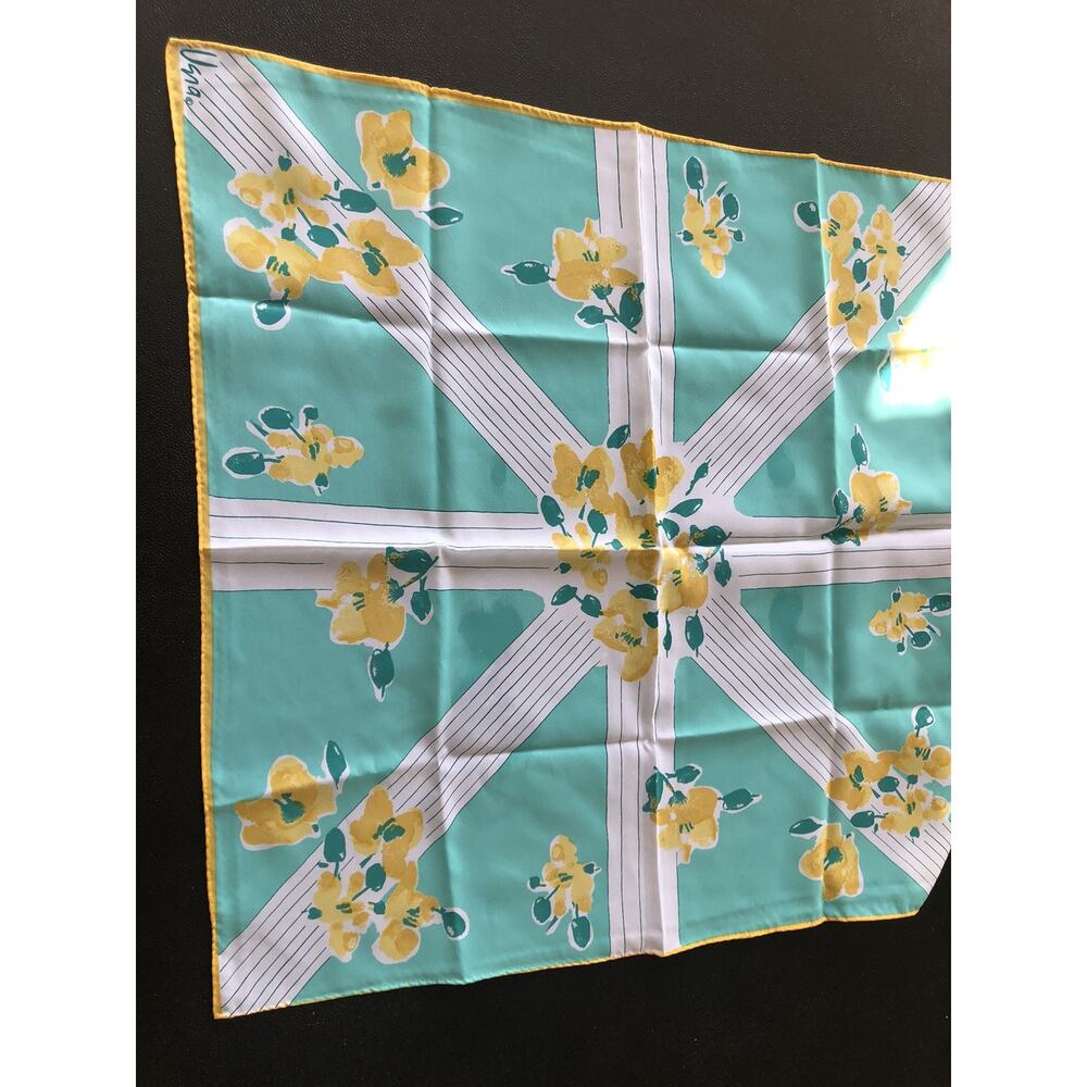 Vintage Turquoise Color Scarf Made Japan USNA Brand Yellow Floral